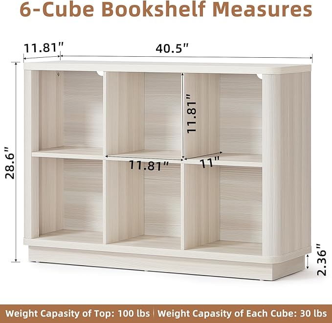 6 Cube Bookcase, 40" Wide Horizontal 2-Tier Book Shelf w/Curved Edge, Wood Low Floor Standing Bookshelf with Base, Modern Short Storage Organizer for Living Room,Office, Gray-White Cream Oak