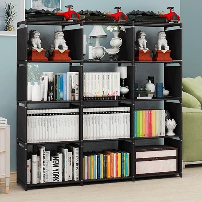 12 Cube Storage Organizer Book Shelves, DIY Open Stackable Bookshelf, Extra Large Plastic Bookcase Rack for Bedroom, Living Room, Home Office