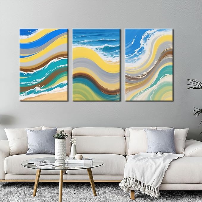 3 Separate Abstract Watercolor Aesthetic Wall Art Ocean Graffiti Poster Print Colorful Sandy Beaches for Office Home Office Parlour Living Room Decoration Stretched and Framed [72''Wx36''H]