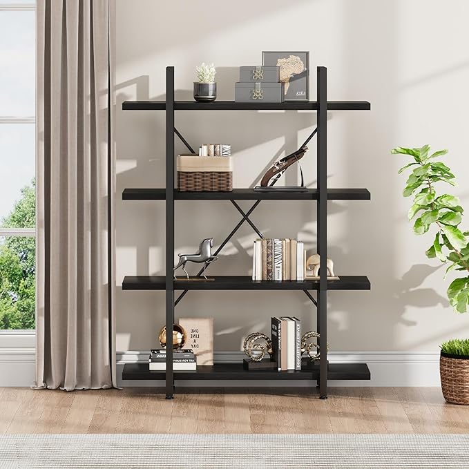 HSH 4 Tier Black Bookshelf, Industrial Metal Wood Storage Book Shelves, Modern Open 4 Shelf Bookcase and Display Etagere, Vertical Book Shelf for Bedroom Living Room Office