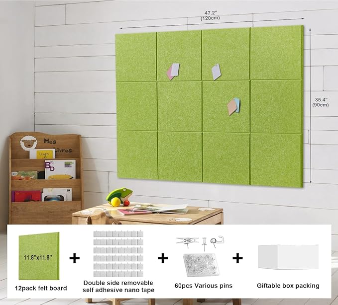 Felt Wall Tiles Bulletin Board Large Cork Board Alternative 12 Pack 11.81”x11.81”x0.47” Felt Pin Board Tack Board with Safe Removable Adhesive Tabs for Home Office School 48x36(Grass Green)