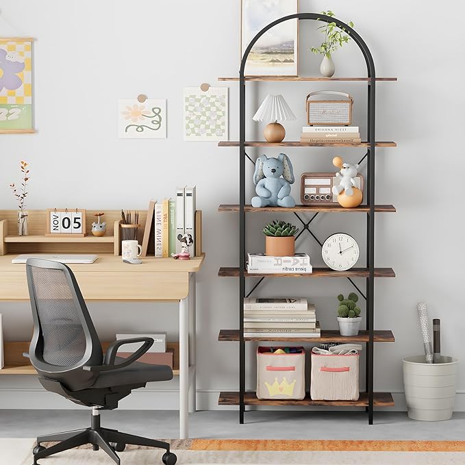 6 Tier Bookshelf, 83" Tall Arched Bookcase, Tall Book Shelf with Metal Frame, Industrial Display Standing Shelf for Living Room, Home Office, Bedroom, Brown