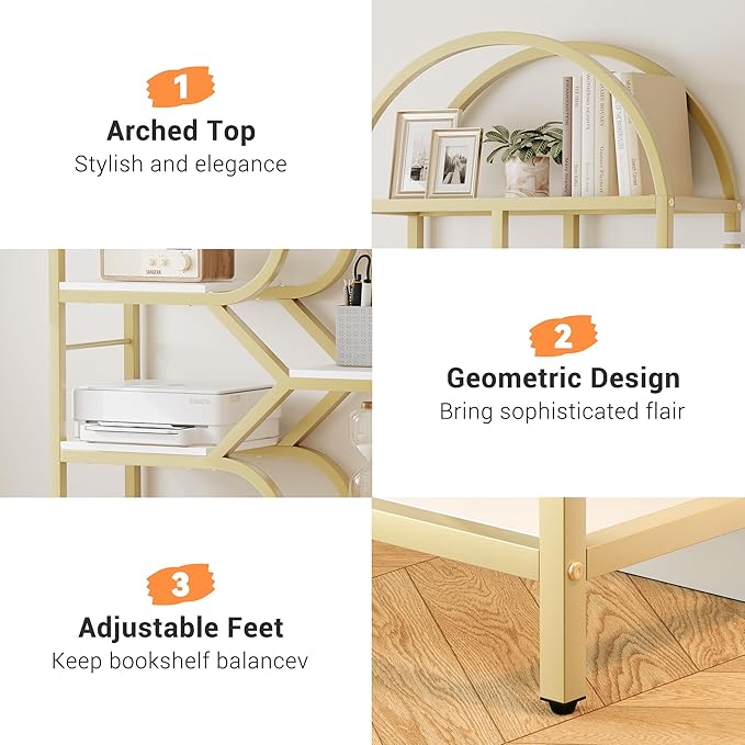 IDEALHOUSE Bookshelf 6 Tier Arched Bookcase 81.7in Tall Display Racks Geometric Open Storage Shelf Unique Book Rack Metal Frame Large Modern Book Shelf for Bedroom, Living Room, Home Office