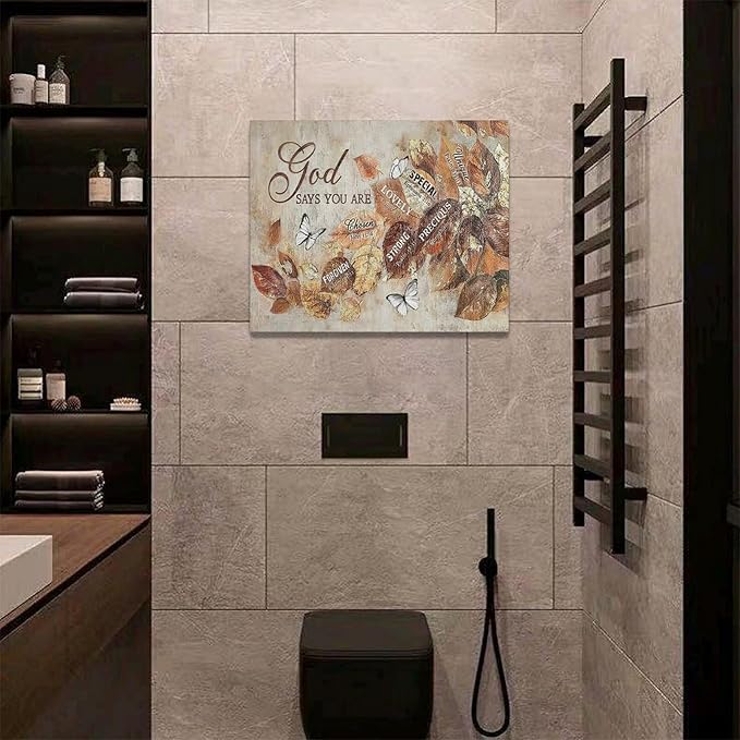 yerretin Fall Christian Leaves Wall Art Autumn Religious Pictures Wall Decor Rustic God Says Canvas Painting Modern Artwork Home Decoration for Living Room Bathroom Bedroom Office Framed 20"x16"