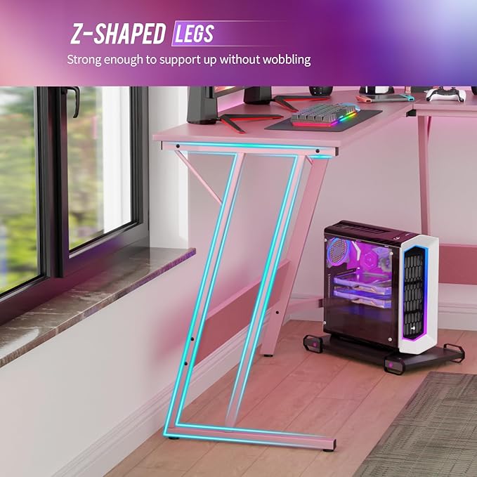 FDW L Shaped 51 Inch Gaming Desk,Corner Computer Desk,PC Gaming Desk,Writing Workstation with Large Monitor Stand for Home Office,Pink