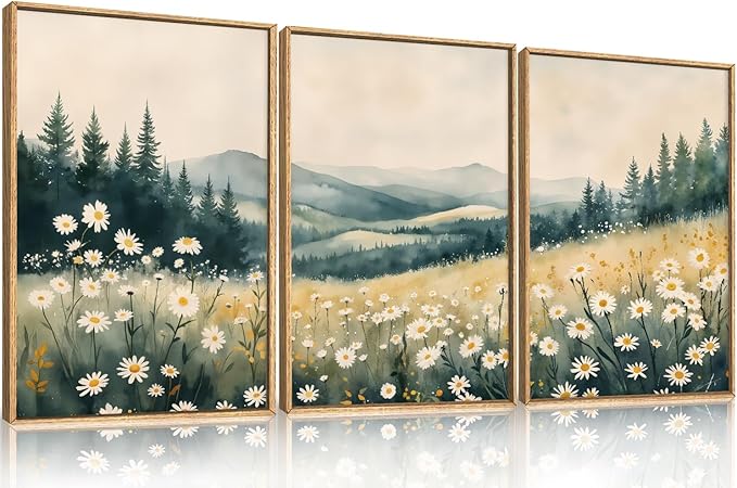 Large Misty Mountain Framed Canvas Wall Art,Nature Daisy Flower Wall Decor,Modern Foggy Forest Painting,Abstract Woodland Landscape Artwork for Living Room,Bedroom,Dining Room-16"x24"x3