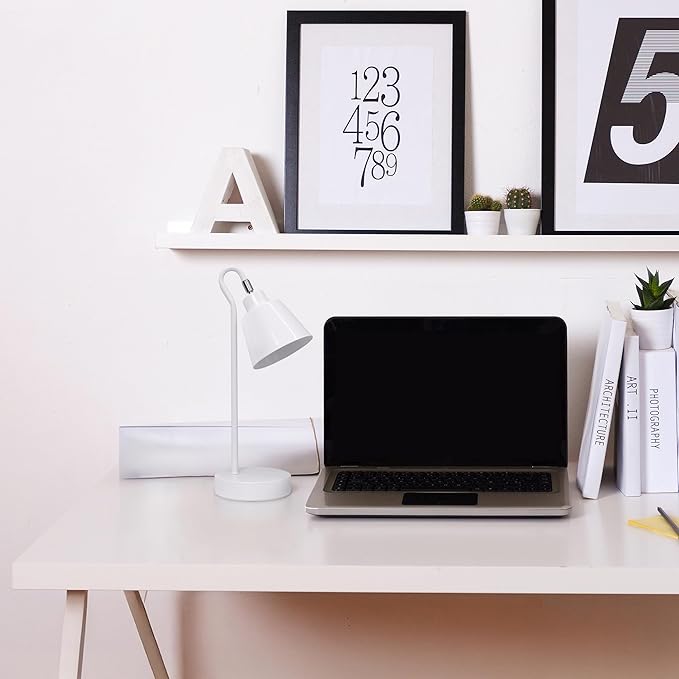 Simple Designs LD1079-WHT 16" Sleek Essentials Metal Looped Desk Task Lamp with Adjustable Shade, for Office, Desk, Nightstand, Dorm, White