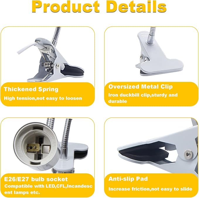 Clip Lamp Holder Adjustable Light Bulb Stand Clamp Lights Flexible Clamp Lamp E26/E27 Neck Clip Lighting Fixture Desk Lamp Holder with On/Off Switch Study Reading Lamp (No Bulb)