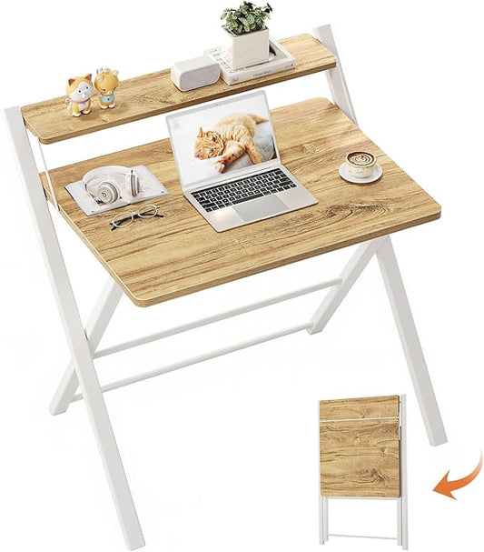 GreenForest Portable Small Desk No Assembly, 2-Tier Compact Computer Desk with Shelf, Space Saving Foldable Table for Home Office, Bedroom or Apartment, Portable Collapsible Sturdy Laptop Desk, Oak