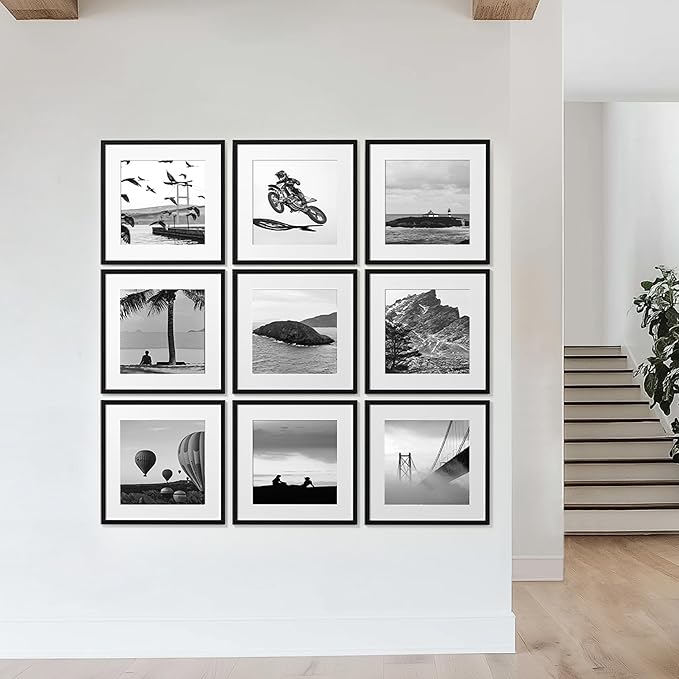 eletecpro 20x20 Picture Frames Set of 9 Classic Gallery Wall Frame Set, Displays 16x16 or 20x20 without Mat, Black Picture Frames Collage Wall Decor, Big Frames for Home Decor