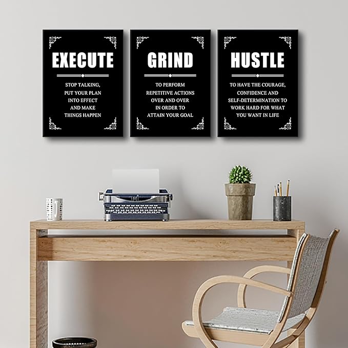 Inspirational Canvas Wall Art Entrepreneur Positive Quotes Poster Print Execute Grind Hustle Motivational Office Wall Decor Suitable for Bedroom Living Room Gym Classroom Easy to Hang [36''Wx16''H]