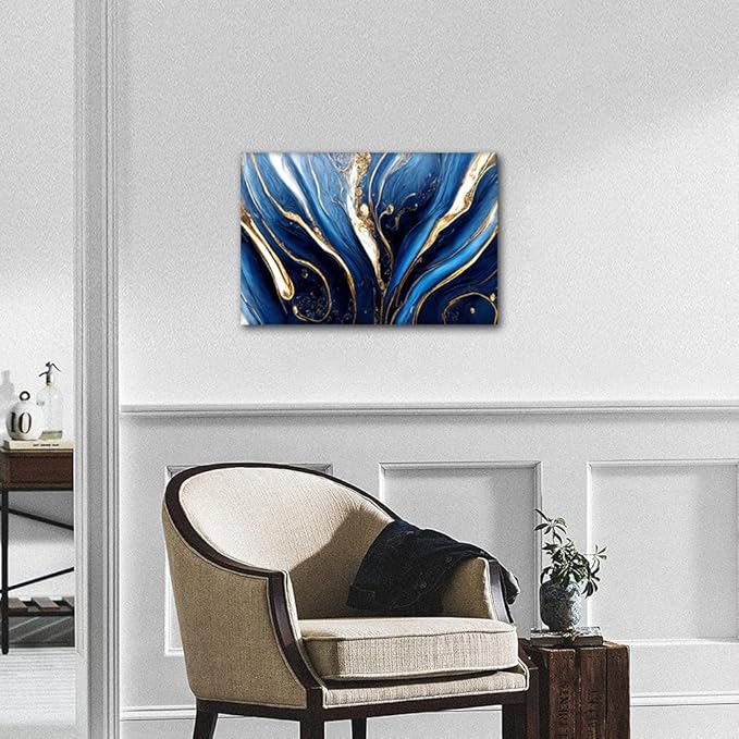 Canvas Wall Decor Modern Abstract Marble Art Picture Printing Blue Gold and White Colors Poster 1 Panel Canvas Wall Artwork for Boy Bedroom Wall Decor Stretched and Framed Ready to Hang 18x12 in