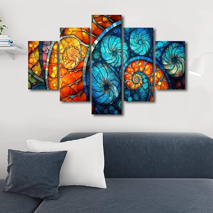 Abstract Wall Art Modern Stained Glass Window Pattern Canvas Art 5 Panel Home Wall Decor for Men Lady Living Room Bedroom Office Wall Canvas Art Decor Stretched and Framed Ready to Hang 60x40 in