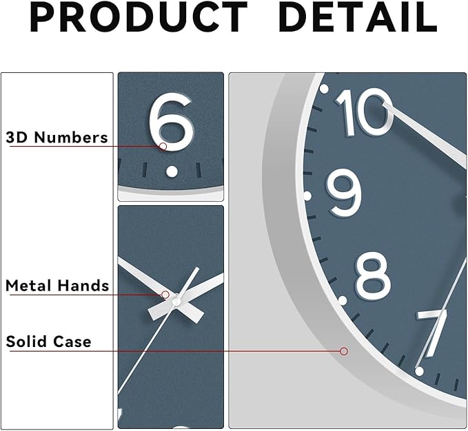 Wall Clock 12 Inch Silent Wall Clocks Battery Operated- Modern Non Ticking Analog Clock Decorative for Living Room Bedroom Office Kitchen(Azure Blue)