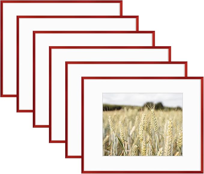 Golden State Art 11x14 Picture Frame 6 Pack - Dark Red Aluminum Photo Frames With 8x10 Mats and Real Glass Cover - Elegant Minimalist Wall Gallery Frames for Home or Office Decor