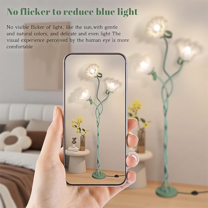 Flower Standing Lamp for Bedroom, Cute Corner Floor Lamp with Flexible Gooseneck,3 Light Floor Reading Lamp with 3 Color Temperatures, Bulbs Included, LED Tall floor Lamp for Living Room Corner(Green)