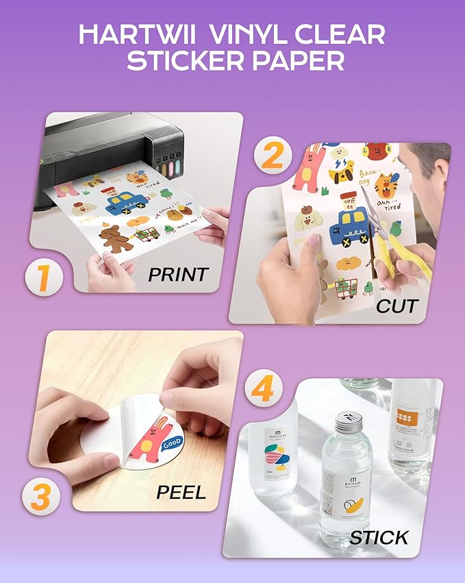 Printable Vinyl Sticker Paper-50 Sheets Glossy White Self-Adhesive Sticker Paper 8.5x11"Waterproof Labels, Quick-Drying Vivid Colors & Tear-Resistant Removable, for Inkjet & Laser Printers