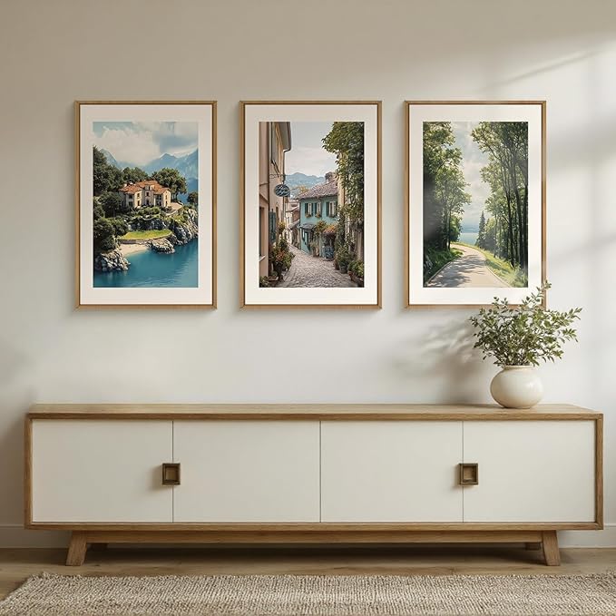 Large Vintage Italy City Coast Framed Canvas Wall Art,Modern French Country Street Wall Decor,Natural Town Tree Landscape Artwork for Living Room,Dining Room,Office -24"x36"x3