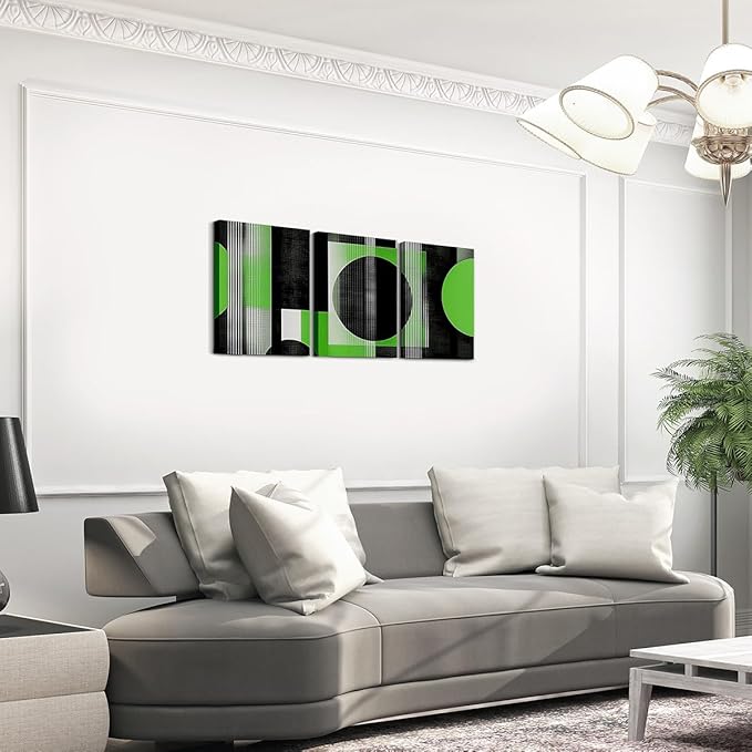 jejeloiu 12"x16"x3pcs Office Decorations Artwork Posters Modern Geometric 3 Piece Canvas Wall Art for Living Room Bedroom Green Abstract Art Picture Wall Decor