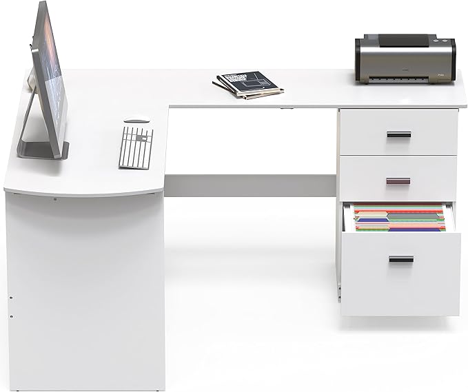 SHW 51 x 59 Inches L-Shaped Home Office Wood Corner Desk with Box Box File Drawers, White