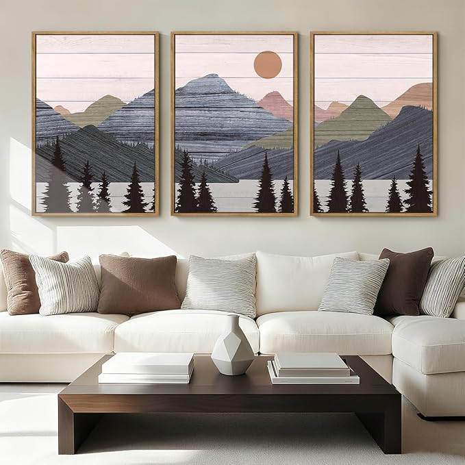 ANHUIB Mountain Framed Wall Art 16x24 Inch Large Nature Wilderness Art Print Abstract Landscape Painting Set of 3 for Living Room Bedroom Office