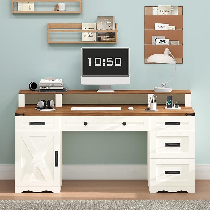 Farmhouse Executive Desk with Drawers & Storage Shelves, 55" Computer Desk with Power Outlets, Home Office Desk with Monitor Stand & File Drawers, Writing Study Table, Antique White