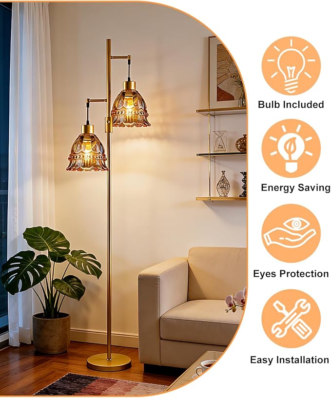 Lightdot 65IN Glass Floor Lamp for Living Room, 2- Light Gold Flower Floor Lamps with Brown Glass Lampshade, 3000K Warm White Modern Standing Tall Lamp for Bedroom Corner