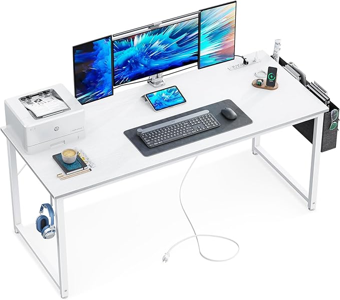 KKL Large Computer Desk with Power Outlets and USB Port Desk for Home Office Gaming Simple Modern Style Writing Desks with Storage Bag Headphone Hook, 63 inch, White