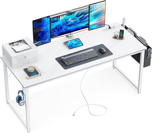 KKL Large Computer Desk with Power Outlets and USB Port Desk for Home Office Gaming Simple Modern Style Writing Desks with Storage Bag Headphone Hook, 63 inch, White