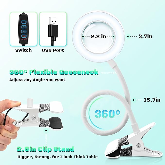 10X Magnifying Glass with Light, Clip on Mganifier with Light, 48 LED Desk Magnifying Glass wtih Clamp, 3 Modes Dimmable Magnifying LED Lamps for Bed Work Crafts DIY Repair White