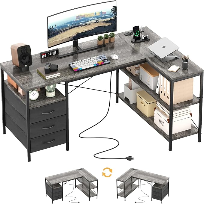 MUTUN L Shaped Computer Desk with 3 Drawers & Power Outlets, 47 Inch Corner Desk with Reversible Storage Shelves, PC Table for Home Office Bedroom (Grey, 47 Inch)
