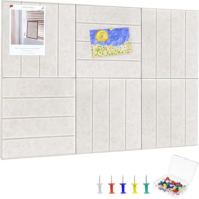 Felt Bulletin Board Tiles 36" x 24", 6-Pack Cork Board for Office, Pin Board with 30 Pushpins Cork Boards for Office Decor Walls Organizer, 40 Adhesive Tabs Included - Oatmeal