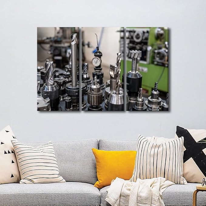TUMOVO Wall Art for Living Room CNC Machine Tools Canvas Painting Wall Art 3 Panel Machine Wall Art Canvas Artwork Wall Decor Modern Prints Wall Art Stretched and Framed Ready to Hang, 42x28 Inch