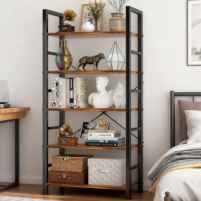 5 Tier Bookshelf, Free Standing Wooden Bookcase with Open Storage Shelves with Metal Frame, Sturdy Shelf Organization Display Rack for Living Room, Bedroom, Home Office, 62.2" Tall, Brown