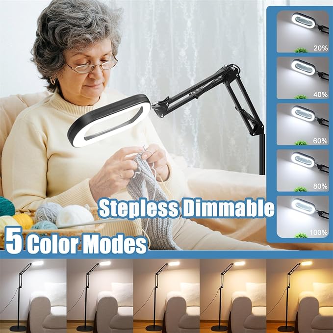 12X Magnifying Glass with Light and Stand, Real Glass Lens, 5 Color Modes LED Dimmable Lighted, 3-in-1 Floor Lamp with Clamp, Hands Free Magnifier for Reading, Craft Sewing Painting Close Work