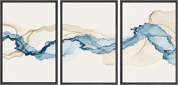 SIGNWIN Framed Canvas Print Wall Art Set Blue Tan Smoke Wave Landscape Abstract Shapes Illustrations Modern Art Decorative Contemporary Colorful for Living Room, Bedroom, Office - 16"x24"x3 Black
