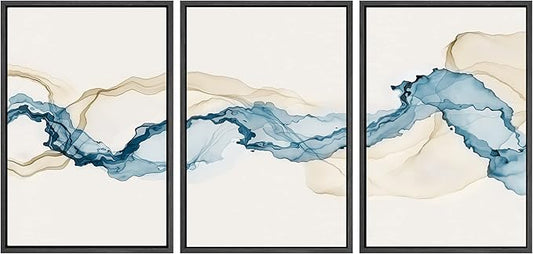 SIGNWIN Framed Canvas Print Wall Art Set Blue Tan Smoke Wave Landscape Abstract Shapes Illustrations Modern Art Decorative Contemporary Colorful for Living Room, Bedroom, Office - 16"x24"x3 Black