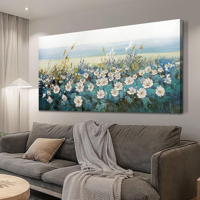 Arjun Flower Wall Art for Living Room, Teal Bedroom Canvas Daisy Floral Painting Landscape Picture Artwork Large Textured Office Home Dining Room Kitchen Wall Decor Large 48"x24"