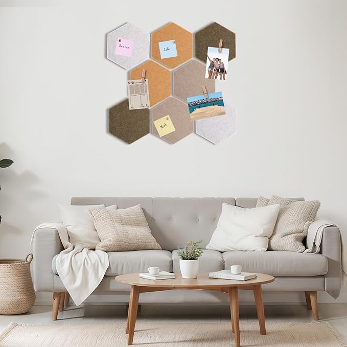 8 Pcs 12" Large Hexagon Felt Cork Bulletin Board Tiles Self Adhesive DIY Pin Board with 50 Push Pins and 10 Colored Clips, Wall Decor for Office Home Kitchen Photos Memos(Burlywood)