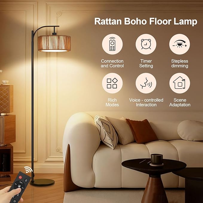 Boho Arc Floor Lamp for Living Room, Rattan Floor Lamp with Remote Control, Dimmable RGB LED Floor Lamps, Bohemian Black Standing Lamp Tall Lamp for Bedroom Office