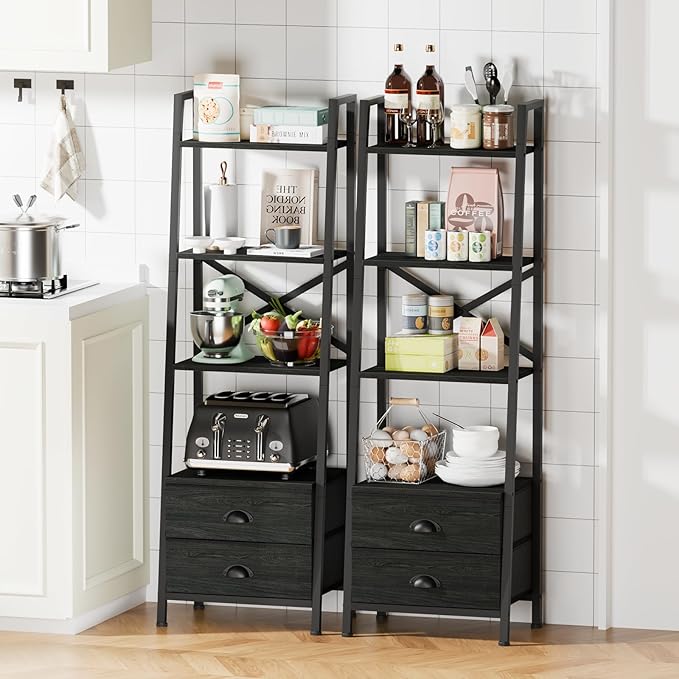 Furologee 4-Tier Ladder Shelf,Small Bookshelf with 2 Drawers,Vertical Bookcase Storage Rack Organizer,Display Bookshelves for Living Room,Bedroom,Bathroom,Home Office,Kitchen,Black Oak