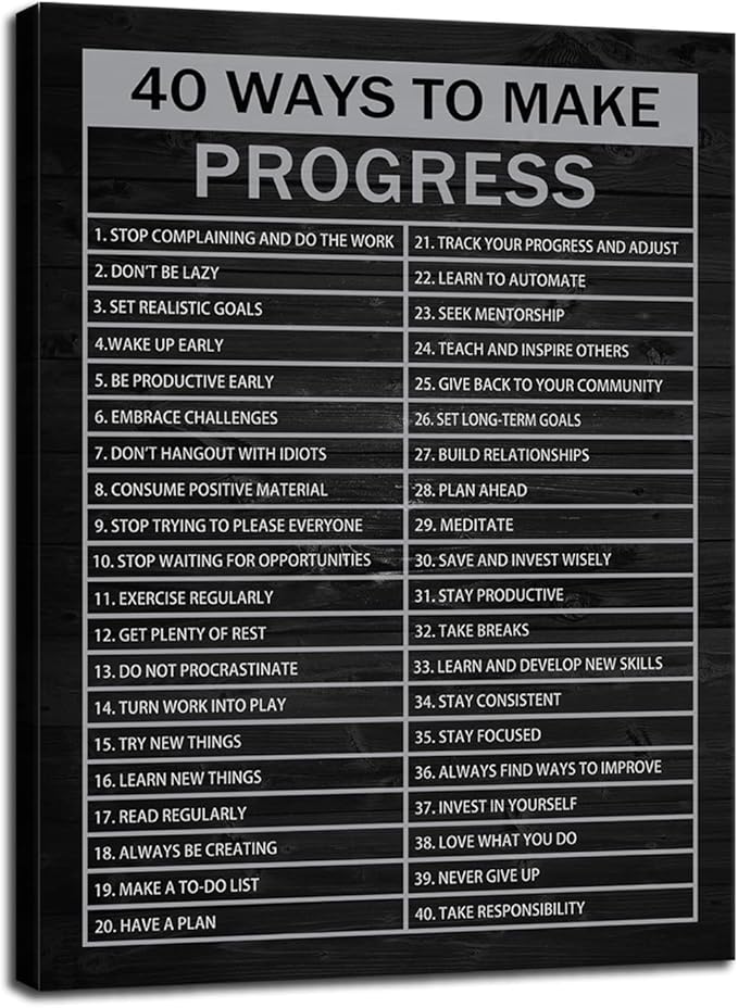 WYJZDZQ8 Inspirational Canvas Wall Art 40 Ways to Make Progress Motivational Print Picture Entrepreneur Quote Poster Home Office School Decor Painting Artwork Framed Ready to Hang[18" W x 24" H]