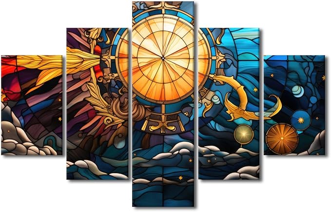 Canvas Wall Art for Home Modern Living Room Decor Stained Glass Style Poster Prints Sea Sun Moon Stars Anchor Painting Art 5 Panel Office Wall Decor Stretched and Framed Ready to Hang 60x40 in