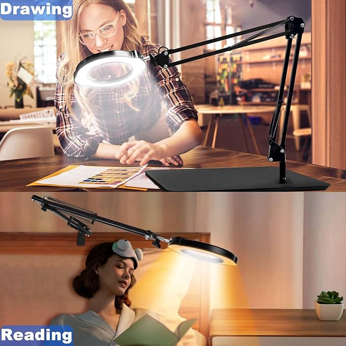 15X Magnifying Glass with Light and Stand, 2-in-1 Lighted Magnifying Desk Lamp Dimmable Magnifier Lamp with Light and Clamp Long Arm 84PCS LED Beads Real Glass Lens for Work Close Work Hobby