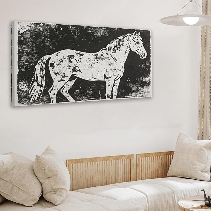 Vintage Horse Framed Canvas Wall Art for Office, Black White Rustic Wall Decor 48" L x 24" W