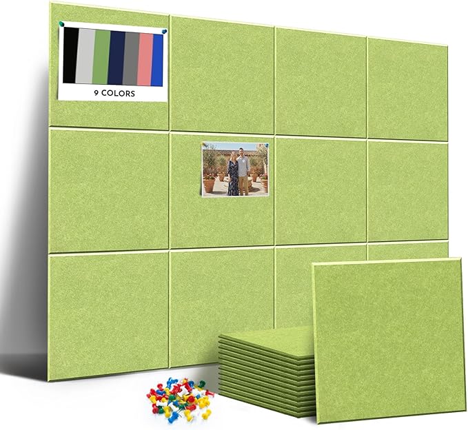 MISSDAY Green Acoustic Wall Panel Large Felt Bulletin Board 48" x 36" Cork Board for Wall, 12-Pack Boards with 72 Adhesive Tabs, 50 Pins, Pin Board for Home Office Classroom Soundproof Wall Tile