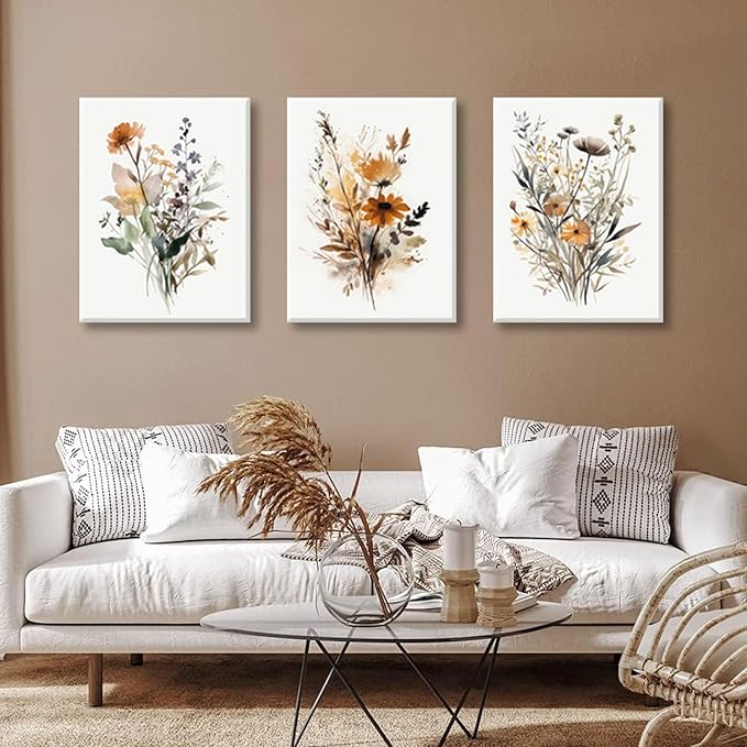 Bwodke Framed Wildflower Wall Art Colorful Botanical Floral Poster Canvas Prints Set of 3 Minimalist Watercolor Flower Pictures Vintage Farmhouse Decor Painting Bedroom Bathroom Living Room 16"x24"