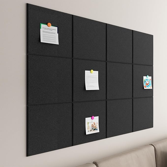 Large Cork Boards for Walls – 48" x 36" Self Adhesive Felt Wall Tiles, Ideal for Office Black Bulletin Board, Easy to Install Pin Board Photo Dart Board Wall Protectors