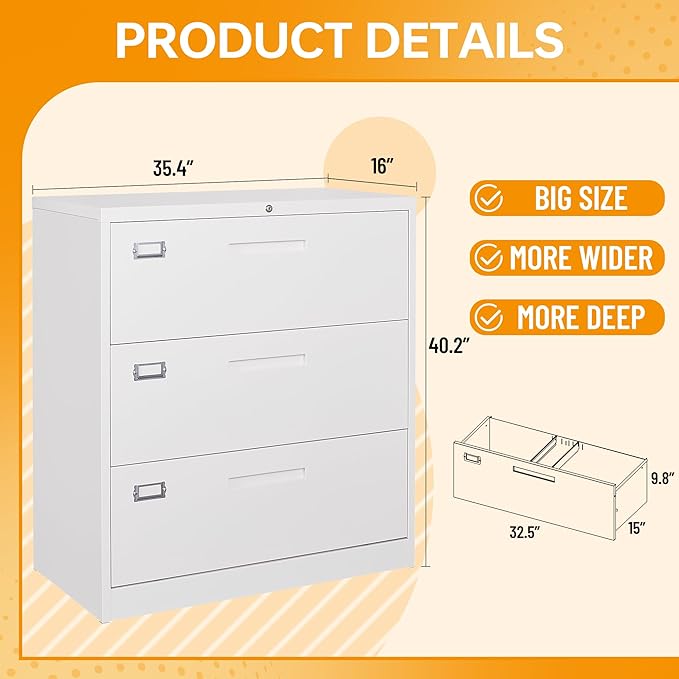 STANI Lateral File Cabinet with Lock, 3 Drawer Lateral Filing Cabinet, Metal Lateral File Cabinet for Home and Office, Metal Storage File Cabinet for Hanging Files Letter/Legal/F4/A4 Size
