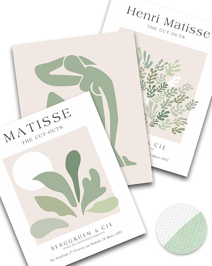Unframed Sage Green Wall Art Set of 3,12x16IN Abstract Matisse Wall Decor,Quality Canvas Prints Posters Decoration for Bathroom Living Room Bedroom